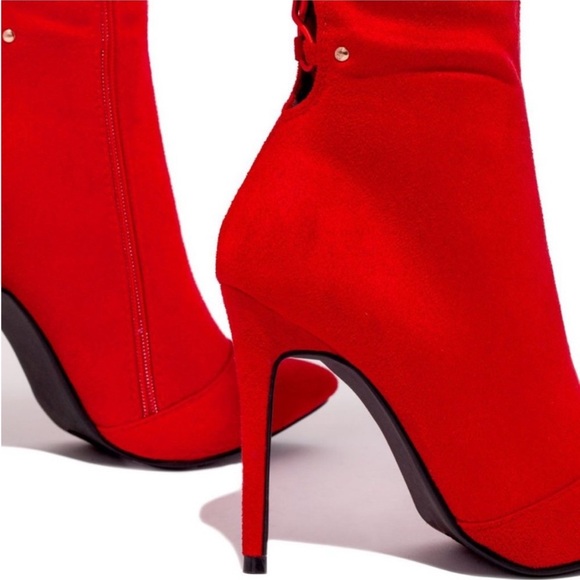 Red High Heel Open Back Corset Lace Up Thigh High Boots - Picture 4 of 13